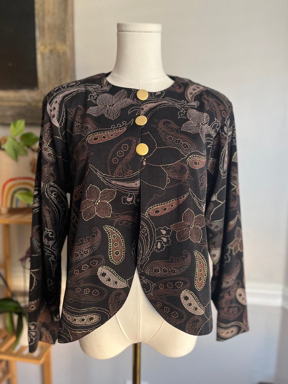 Vintage 90s Lightweight Jacket Black Copper Floral Paisley Size Medium